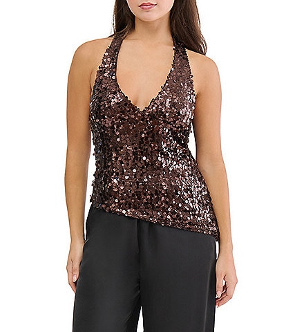 Stevie by Steve Madden Coordinating Sequin and Paillette Asymmetric Halter Top