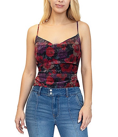 Stevie by Steve Madden Cowl Neck Ruched Side Floral Metallic Print Top