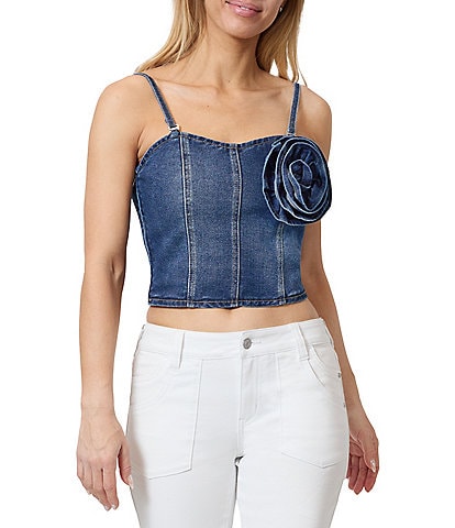 Stevie by Steve Madden Denim Rosette Bustier Sleeveless Cropped Top
