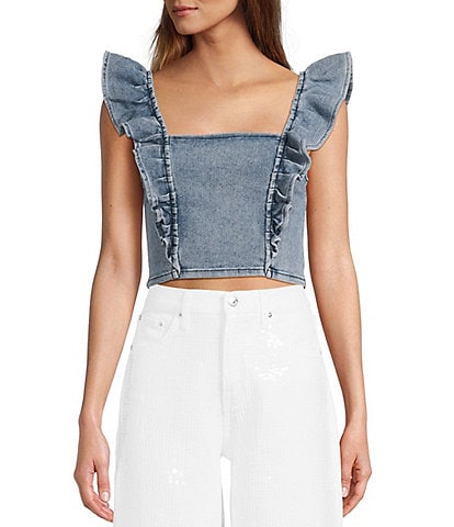 Stevie by Steve Madden Denim Ruffle Sleeve Cropped Top