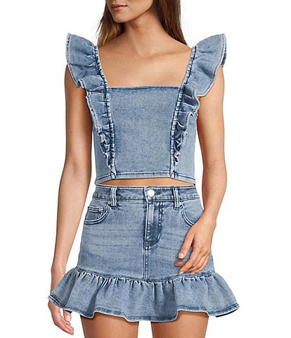 Stevie by Steve Madden Denim Ruffle Sleeve Cropped Top