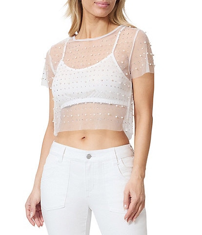 Stevie by Steve Madden Faux Pearl Stone Embellished Sheer Mesh Short Sleeve T-Shirt