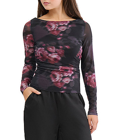 Stevie by Steve Madden Floral Mesh Boat Neck Long Sleeve Top