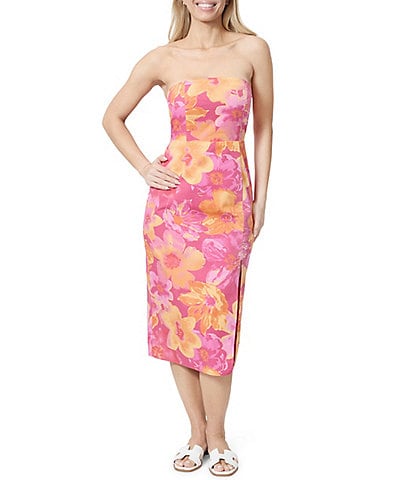 Stevie by Steve Madden Floral Print Strapless Cutout Smocked Back Side Slit Midi Dress
