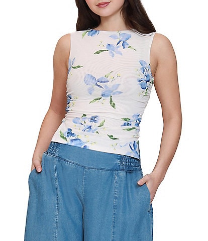 Stevie by Steve Madden Floral Printed Mesh Boat Neck Sleeveless Top