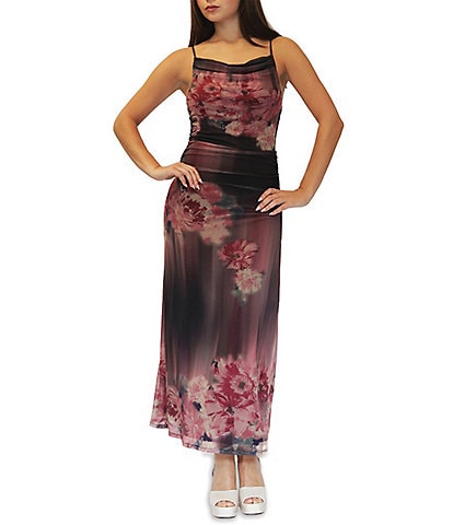 Stevie By Steve Madden Floral Printed Mesh Drape Neck Maxi Dress
