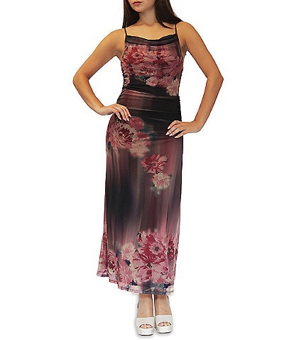 Stevie By Steve Madden Floral Printed Mesh Drape Neck Maxi Dress