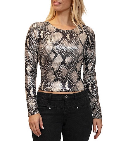 Stevie by Steve Madden Long Sleeve Allover Snake Printed Sequin Top