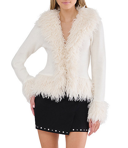 Stevie By Steve Madden Long Sleeve Faux Fur Trim Cardigan
