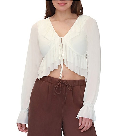 Stevie By Steve Madden Long Sleeve Tie Front Ruffle Top