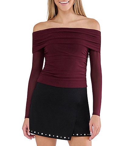 Stevie By Steve Madden Mesh Off-The-Shoulder Long Sleeve Ruched Top