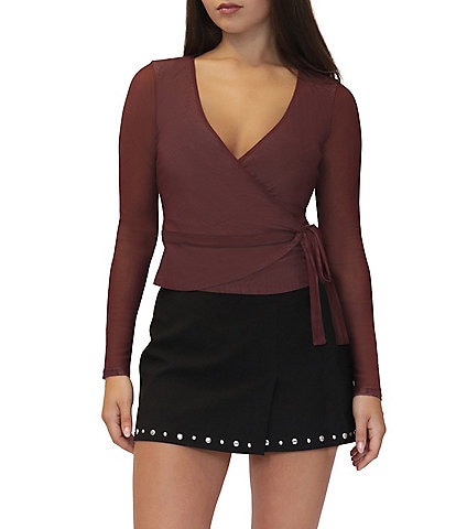 Stevie By Steve Madden Mesh V-Neck Long Sleeve Wrap Tie Front Top