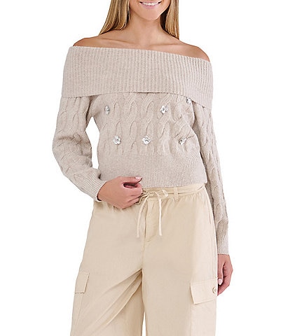 Stevie by Steve Madden Off-The-Shoulder Long Sleeve Embellished Cable Sweater