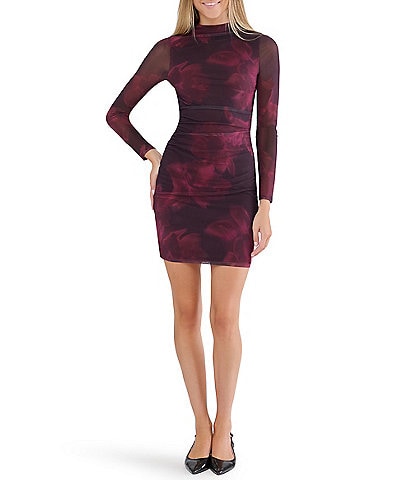 Stevie By Steve Madden Printed Mesh Funnel Neck Long Sleeve Ruched Mini Dress