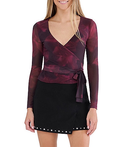 Stevie By Steve Madden Printed V-Neck Long Sleeve Tie Front Wrap Top