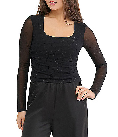 Stevie by Steve Madden Rhinestone Embellished Mesh Square Neck Long Sleeve Ruched Top