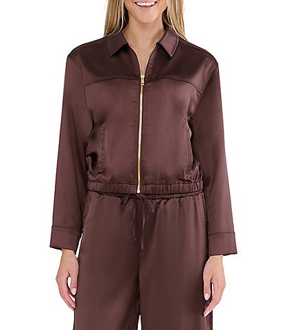 Stevie By Steve Madden Satin Collared Zip Up Long Sleeve Jacket