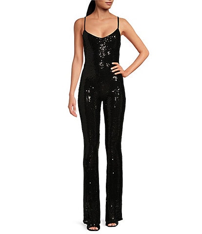 Stevie by Steve Madden Sequin Mesh Scoop Neck Sleeveless Flare Bottom Open Back Jumpsuit