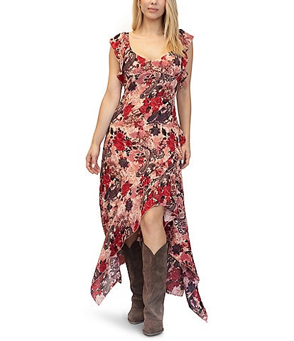 Stevie by Steve Madden Sweetheart Neck Floral Ruffle Sleeve Asymmetrical Dress