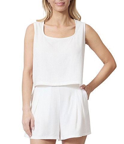 Stevie by Steve Madden Textured Linen Blend Sleeveless Square Neck Cut Out Tank Top