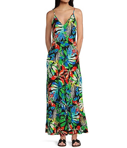 Stilletto's V-Neck Center Seam Tropical Knit Maxi Dress