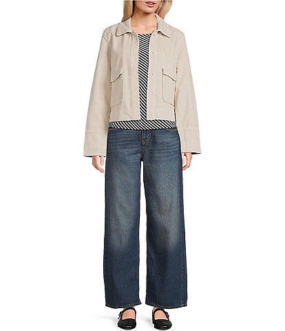 Stoosh Corduroy Collared Snap Front Flap Pocket Cropped Jacket