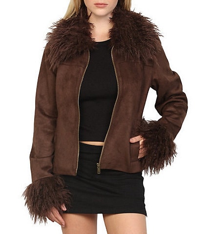 Stoosh Faux Suede & Fur Collared Long Sleeve Fitted Zip Front Jacket