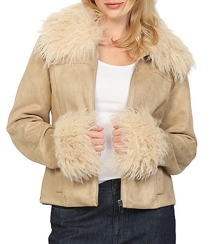 Stoosh Faux Suede & Fur Collared Long Sleeve Fitted Zip Front Jacket