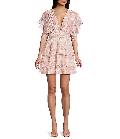 Storia Floral Patch Print Deep V-Neck Flutter Sleeve Open Back Tiered Ruffle Dress
