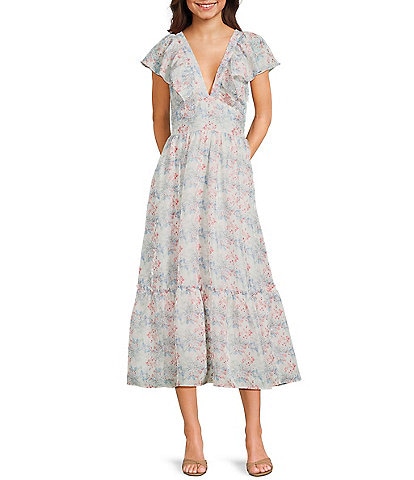 Storia Floral Print Deep V-Neck Flutter Sleeve Tie Back Midi Dress
