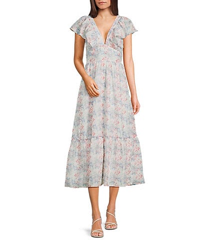Storia Floral Print Deep V-Neck Flutter Sleeve Tie Back Midi Dress
