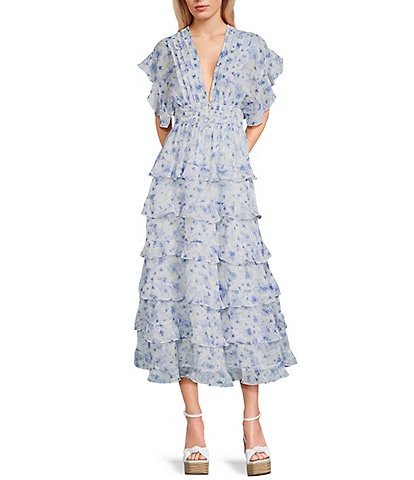 Storia Floral Print Deep V-Neck Flutter Sleeve Tiered Midi Dress