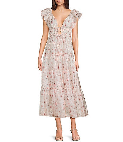 Storia Floral Print Deep V-Neck Tie Front Flutter Sleeve Tiered Maxi Dress