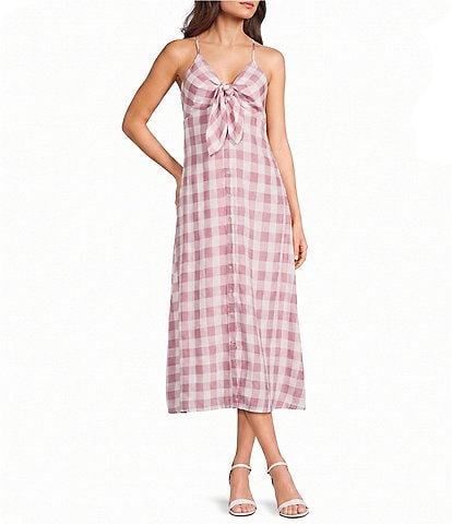 Storia Gingham Check Tie & Button Front Midi Dress