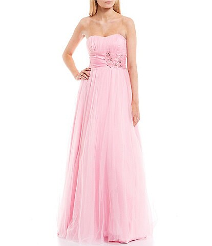 Strapless Embroidered Floral Applique Waist Ball Gown