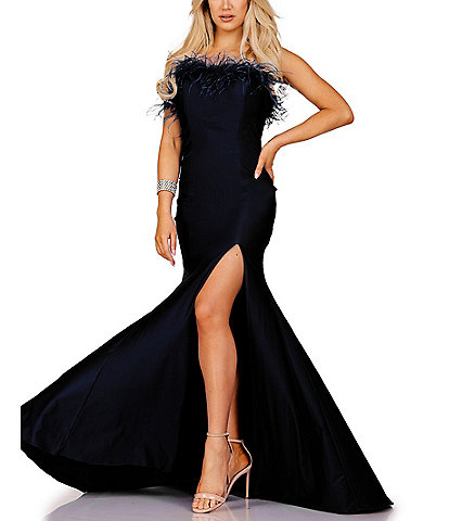 Strapless Feather Trim Front Slit Slim Gown