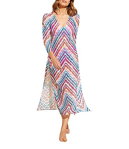 STYLEST AQUALACE™ Rainbow Chevron Stripe Lace Puff Sleeve Belted Caftan Swim Cover-Up Dress