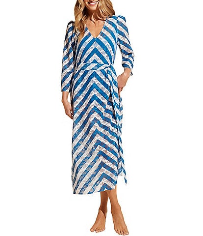 STYLEST AQUALACE™ Striped Chevron Puff Sleeve Belted Caftan Swim Cover-Up Dress