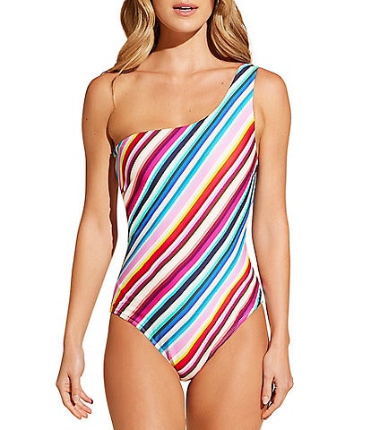 STYLEST Sculpting One Shoulder Striped One Piece Swimsuit