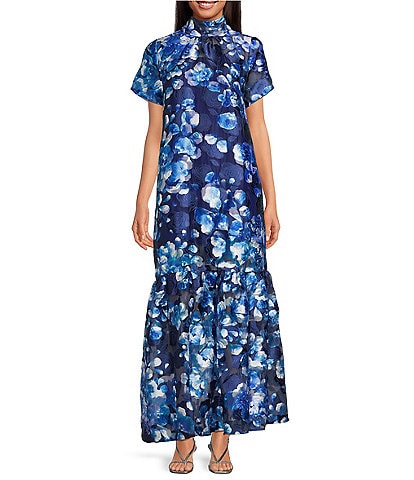 Sugarlips Abay Floral Dime Organza Mock Neck Bow Back Short Sleeve Maxi Dress