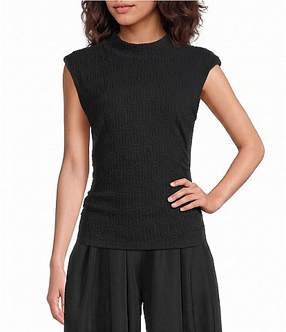 Sugarlips Abstract Patterned Bubble Mock Neck Cap Sleeve Textured Knit Top