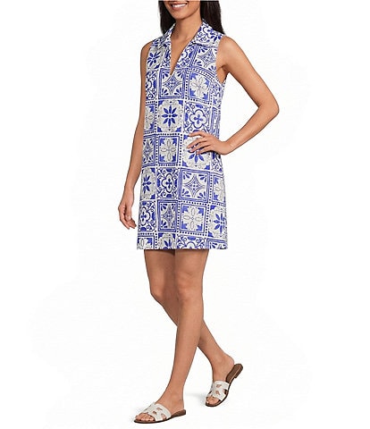 Sugarlips Arbor Tile Printed Lexya Split Collared Sleeveless Shift Mini Dress