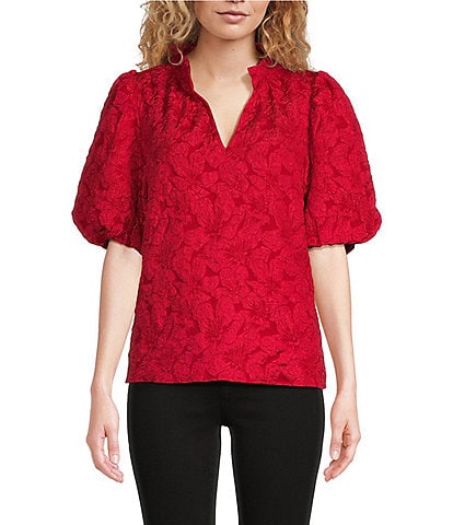 Sugarlips Arielle Jacquard Floral Print Split V-Neck Short Puff Sleeve Top