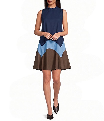 Sugarlips Balsy Color Bock Ruffle Mock Neck Sleeveless Poplin Shift Mini Dress