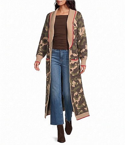 Sugarlips Camo Printed Collared Long Sleeve Open Front Duster Cardigan