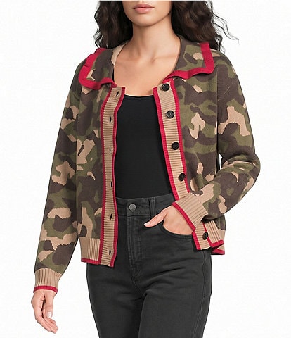 Sugarlips Camo Printed Ruffled Collar Long Sleeve Button Front Cardigan