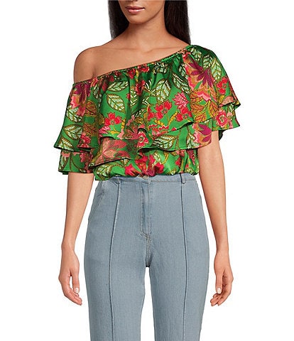 Sugarlips Charmer Tropical Floral Print Tiered Off-The-Shoulder Cropped Ruffle Top