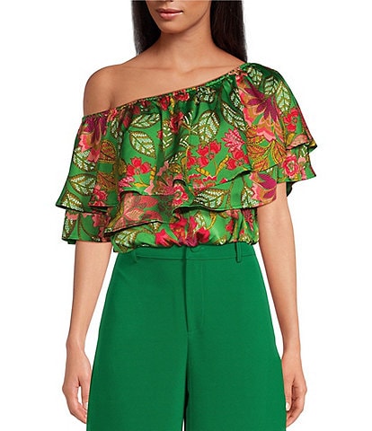 Sugarlips Charmer Tropical Floral Print Tiered Off-The-Shoulder Cropped Ruffle Top