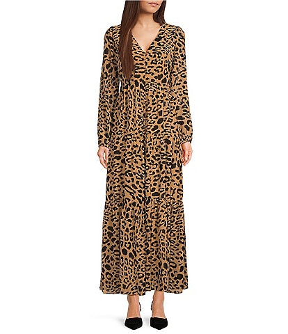 Sugarlips Chiffon Leopard Print Mabel V-Neck Long Sleeve Tiered Maxi Dress