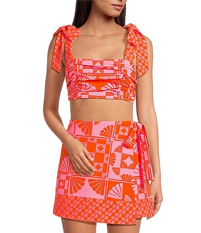 Sugarlips Coordinating Haines Town Printed Square Neck Sleeveless Ruched Tie Straps Top
